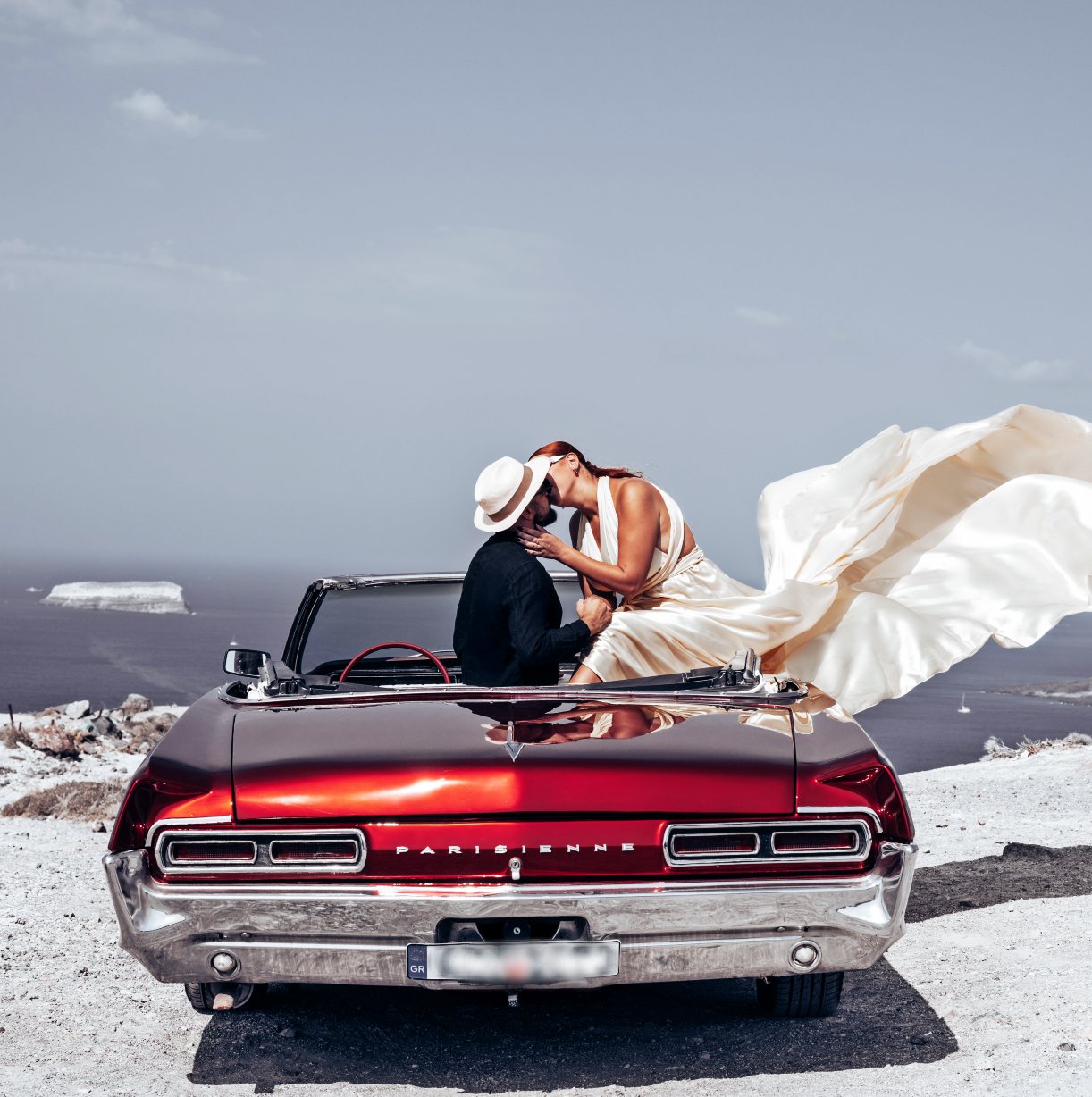 She said yes - Santorini marriage proposal on the vintage Pontiac Parisienne overlooking the Aegean